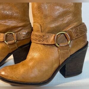 Lucky Brand Leather Knee High Boots Womens 8 Western Ethelda Buckle Harness 3.5"